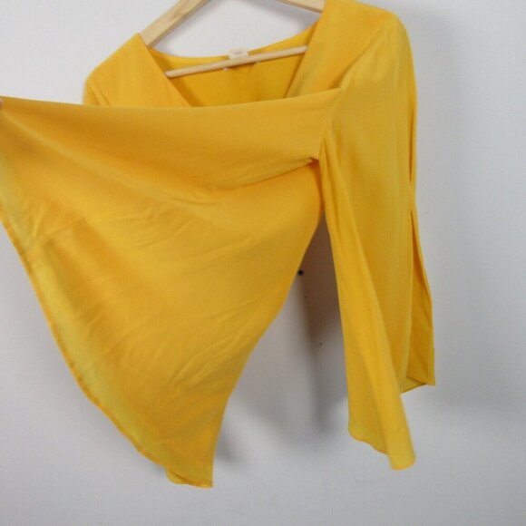 Club Monaco Women Silk Tunic Top V-Neck Pullover Bell Sleeve Casual Yellow S 124 - Picture 8 of 11